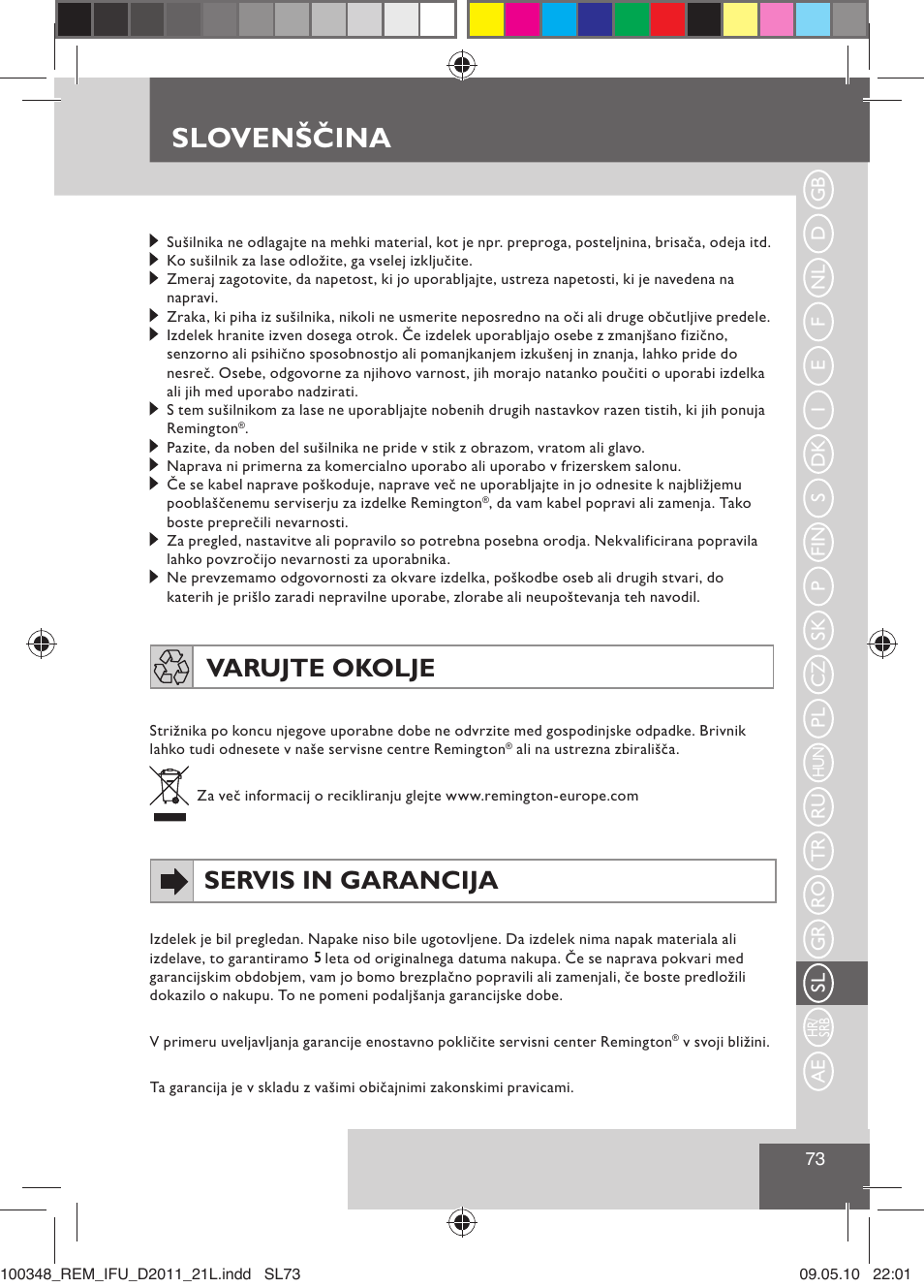Slovenščina, Varujte okolje, Servis in garancija | Remington D2011 User Manual | Page 75 / 86