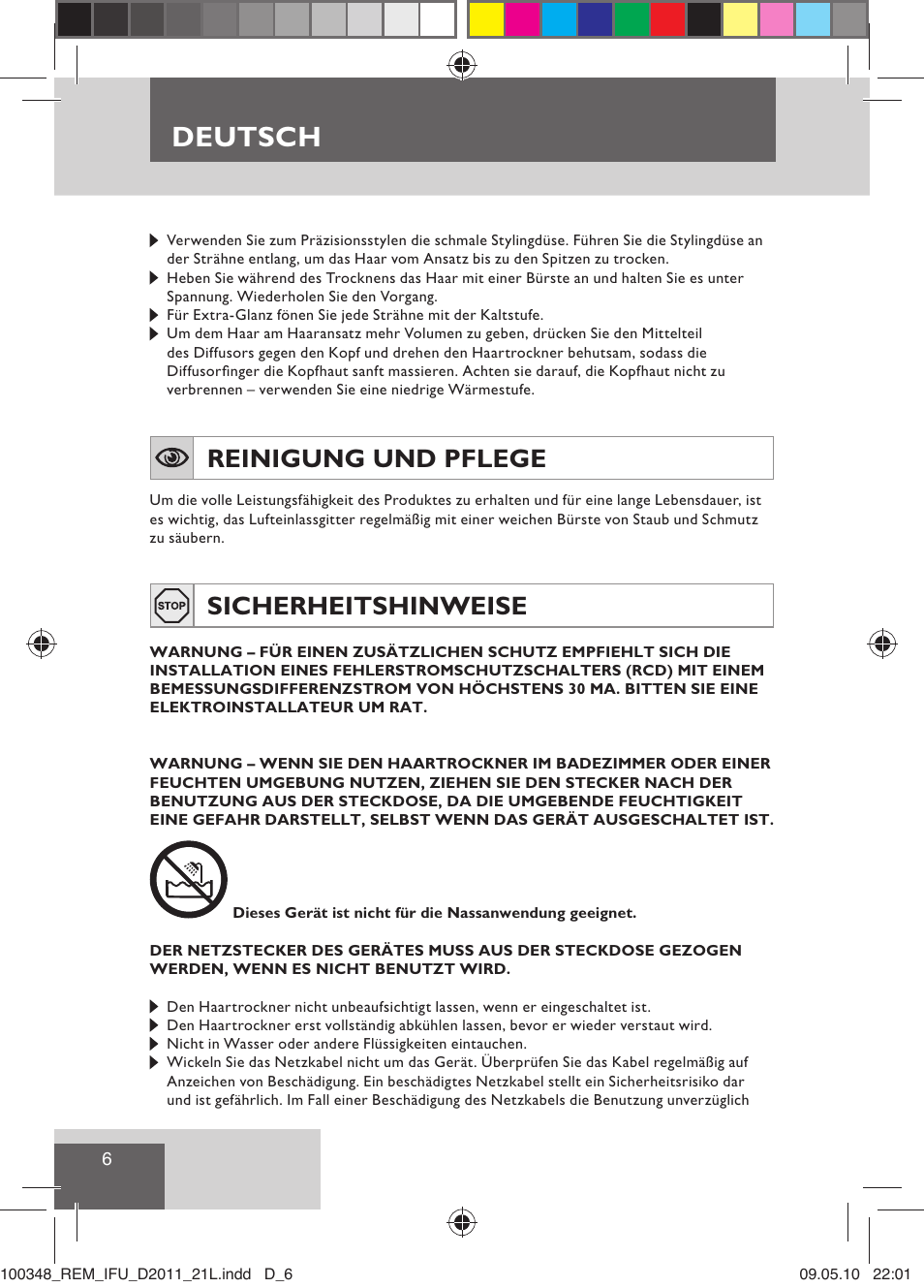 Deutsch, Reinigung und pflege, Sicherheitshinweise | Remington D2011 User Manual | Page 8 / 86