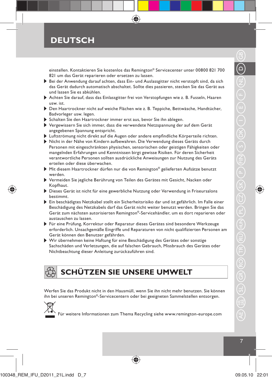 Deutsch, Schützen sie unsere umwelt | Remington D2011 User Manual | Page 9 / 86