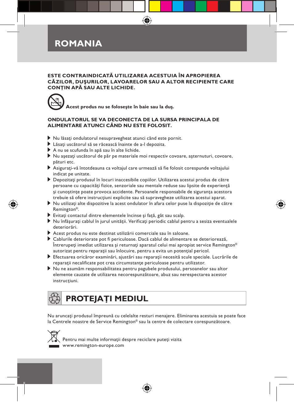 Romania, Protejaţi mediul | Remington S6600 User Manual | Page 100 / 126