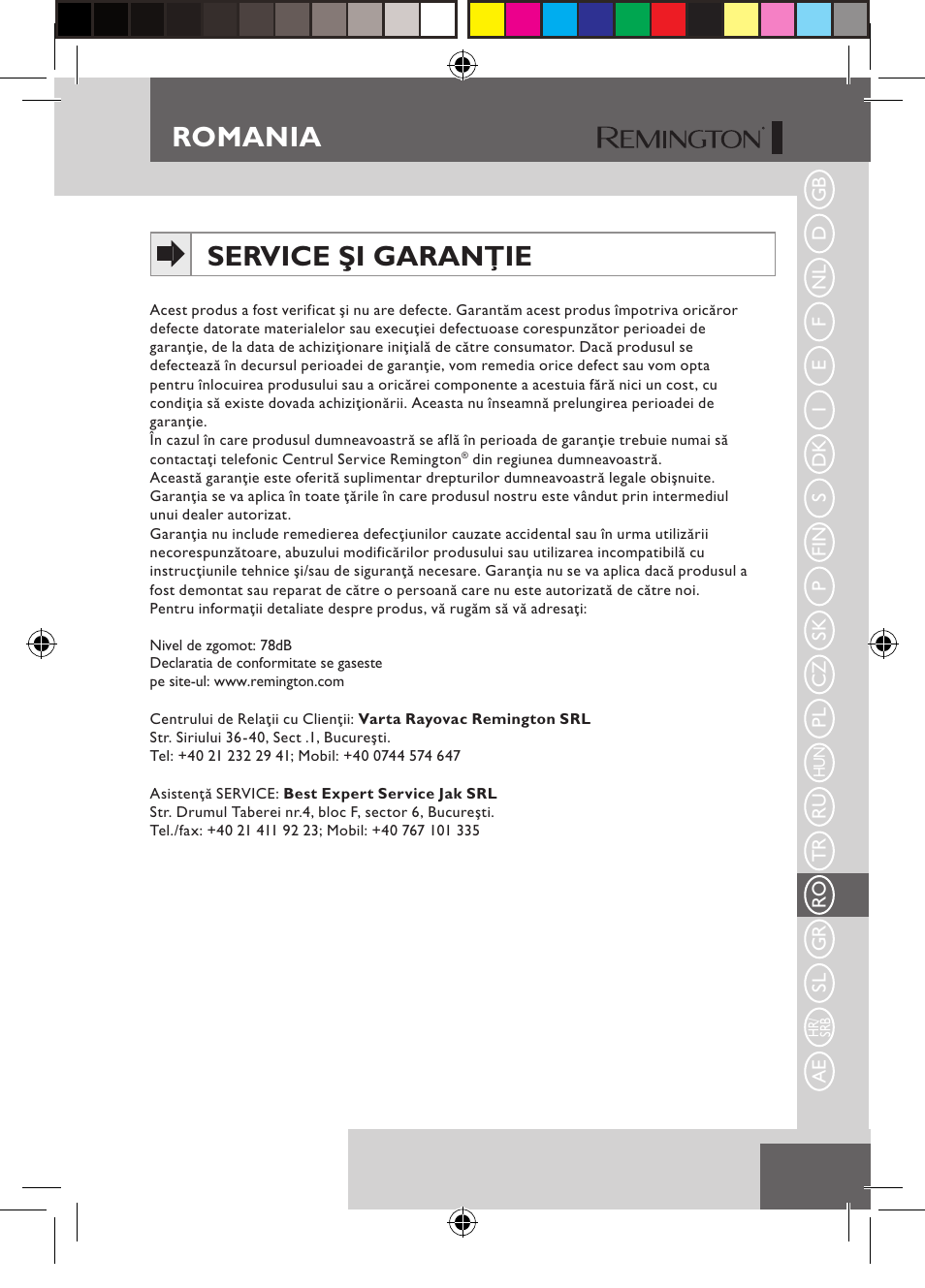 Romania, Service şi garanţie | Remington S6600 User Manual | Page 101 / 126