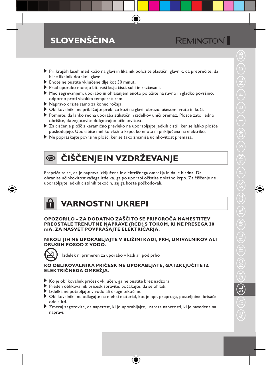 Slovenščina, Čiščenje in vzdrževanje, Varnostni ukrepi | Remington S6600 User Manual | Page 111 / 126
