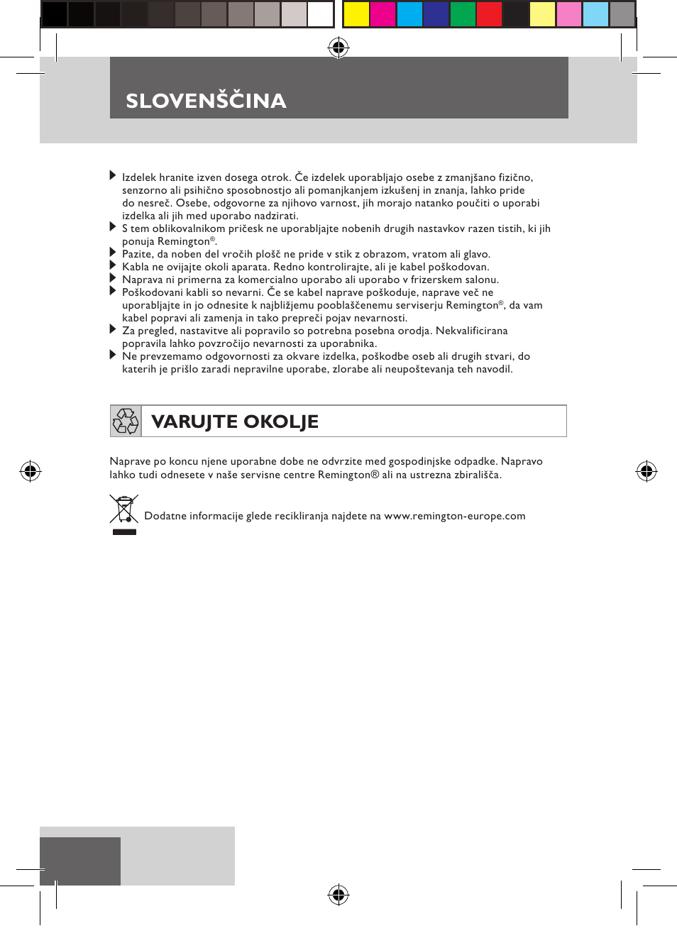 Slovenščina, Varujte okolje | Remington S6600 User Manual | Page 112 / 126