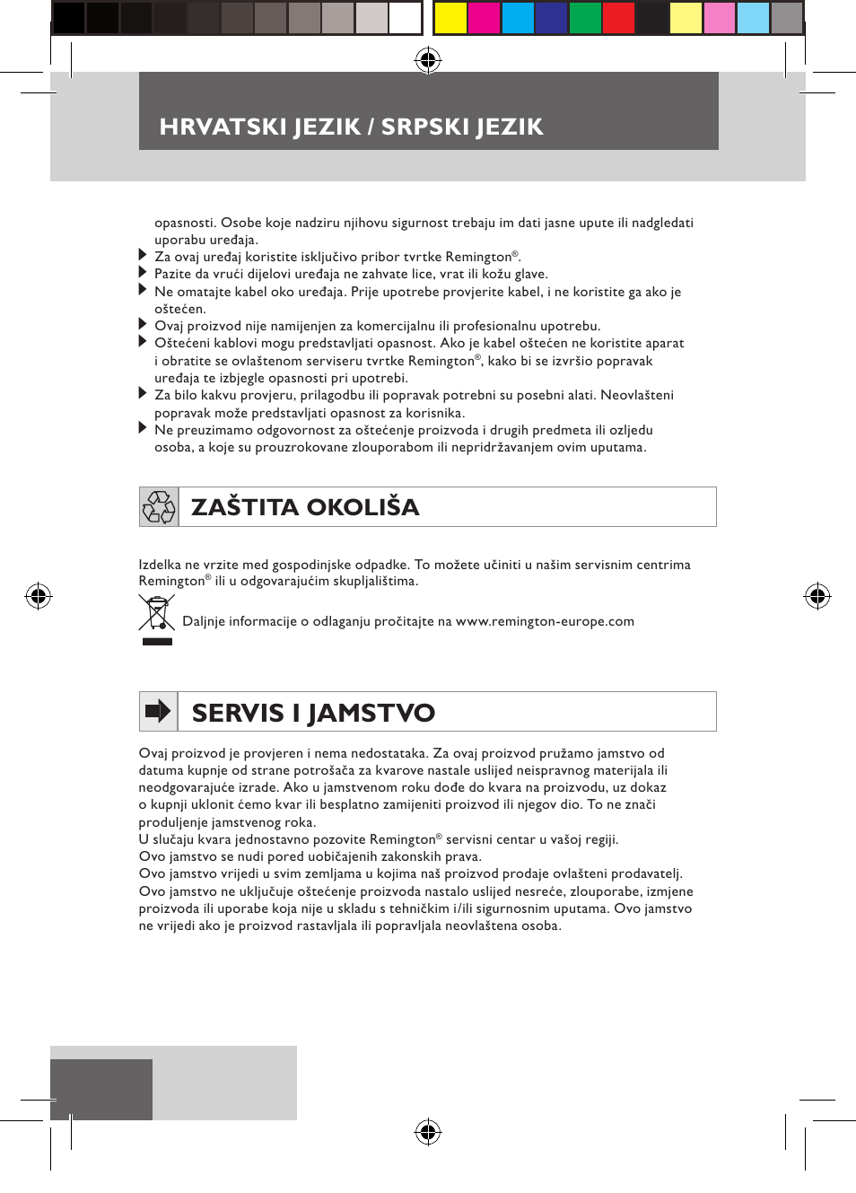 Servis i jamstvo, Hrvatski jezik / srpski jezik, Zaštita okoliša | Remington S6600 User Manual | Page 118 / 126