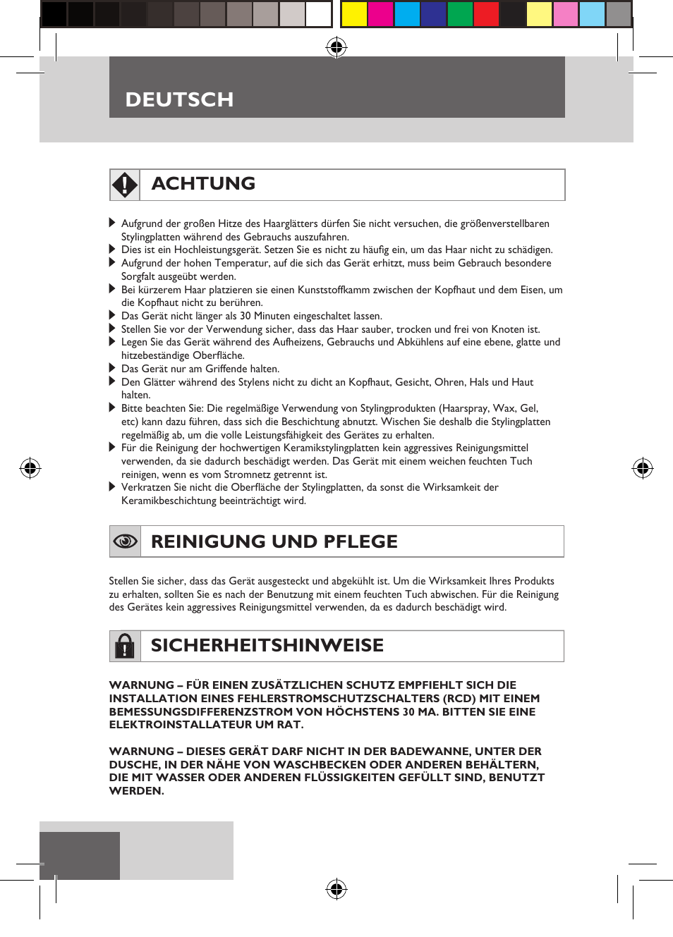 Deutsch, Achtung, Reinigung und pflege | Sicherheitshinweise | Remington S6600 User Manual | Page 12 / 126