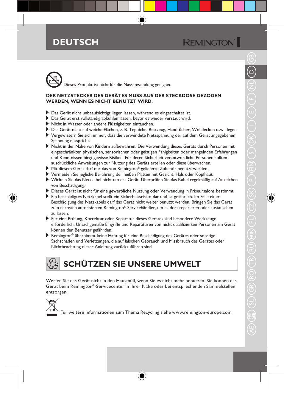 Deutsch, Schützen sie unsere umwelt | Remington S6600 User Manual | Page 13 / 126