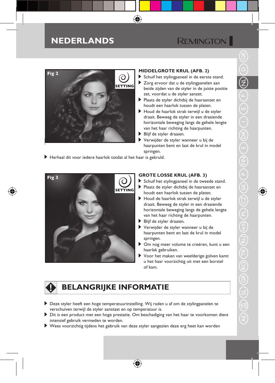 Nederlands, Belangrijke informatie | Remington S6600 User Manual | Page 17 / 126