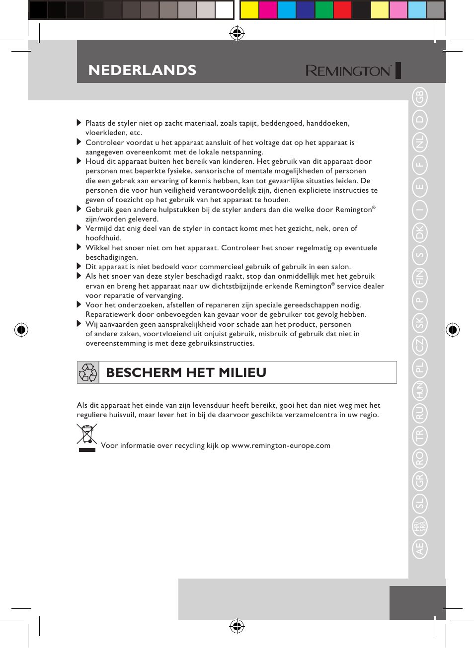 Nederlands, Bescherm het milieu | Remington S6600 User Manual | Page 19 / 126