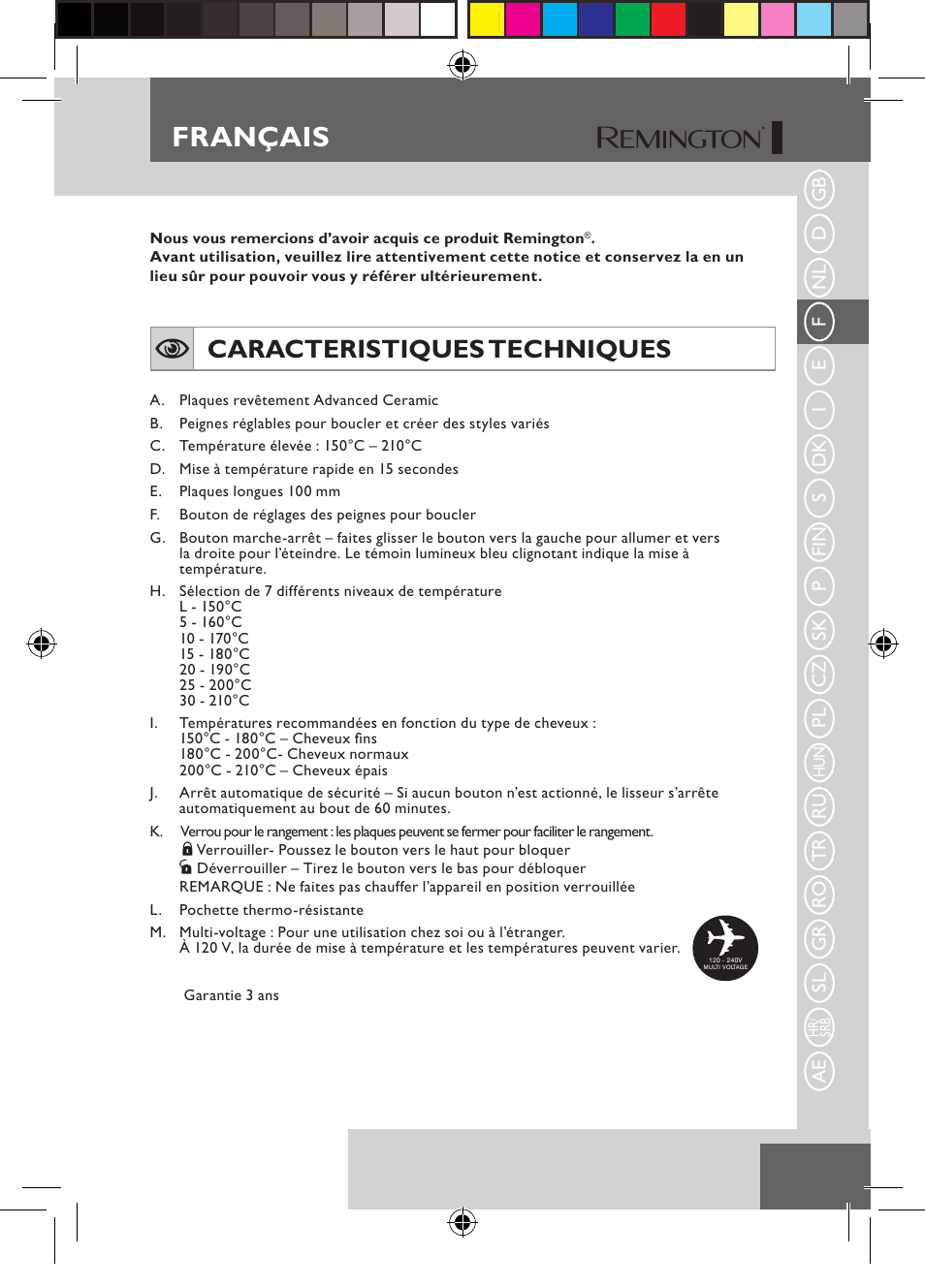 Français, Caracteristiques techniques | Remington S6600 User Manual | Page 21 / 126