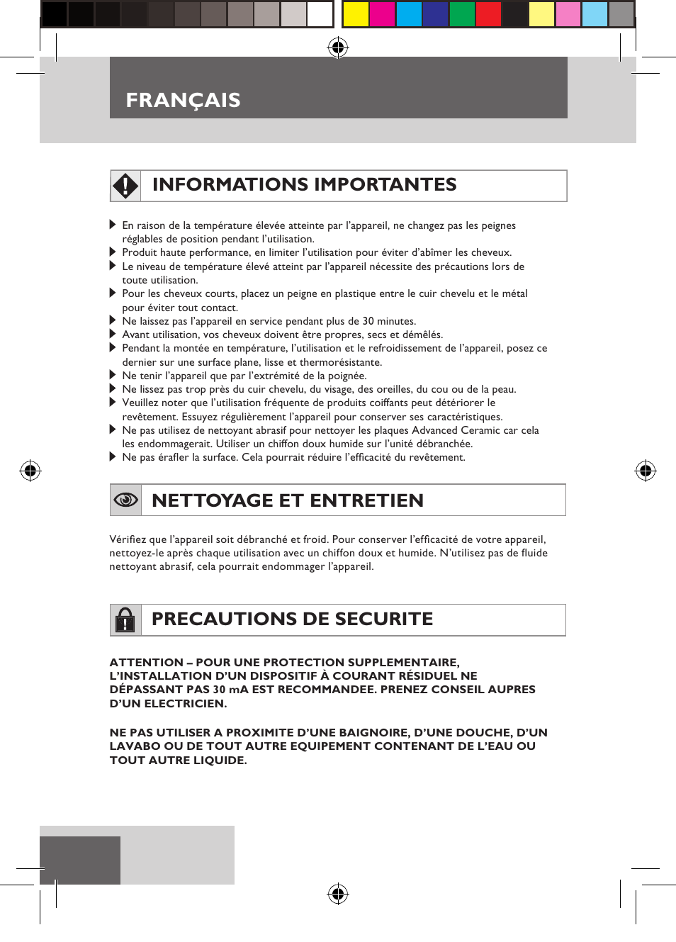 Français, Informations importantes, Nettoyage et entretien | Precautions de securite | Remington S6600 User Manual | Page 24 / 126