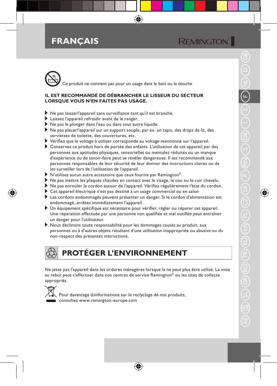 Français, Protéger l’environnement | Remington S6600 User Manual | Page 25 / 126