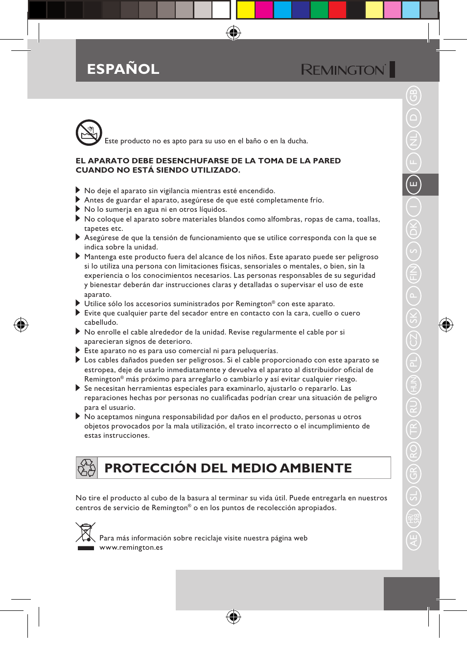 Español, Protección del medio ambiente | Remington S6600 User Manual | Page 31 / 126