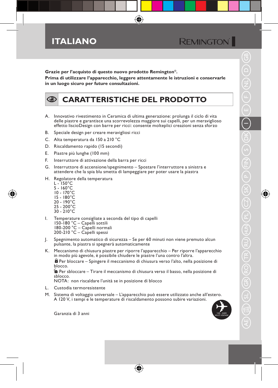 Italiano, Caratteristiche del prodotto | Remington S6600 User Manual | Page 33 / 126