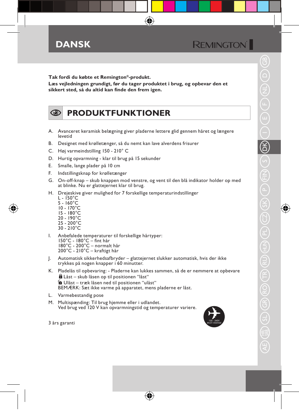 Dansk, Produktfunktioner | Remington S6600 User Manual | Page 39 / 126