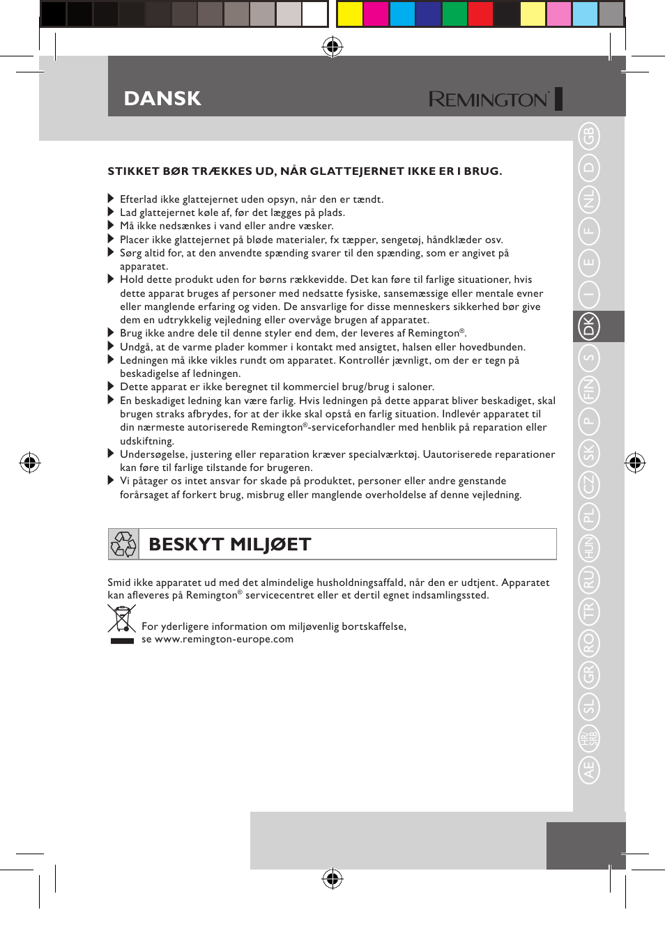 Dansk, Beskyt miljøet | Remington S6600 User Manual | Page 43 / 126
