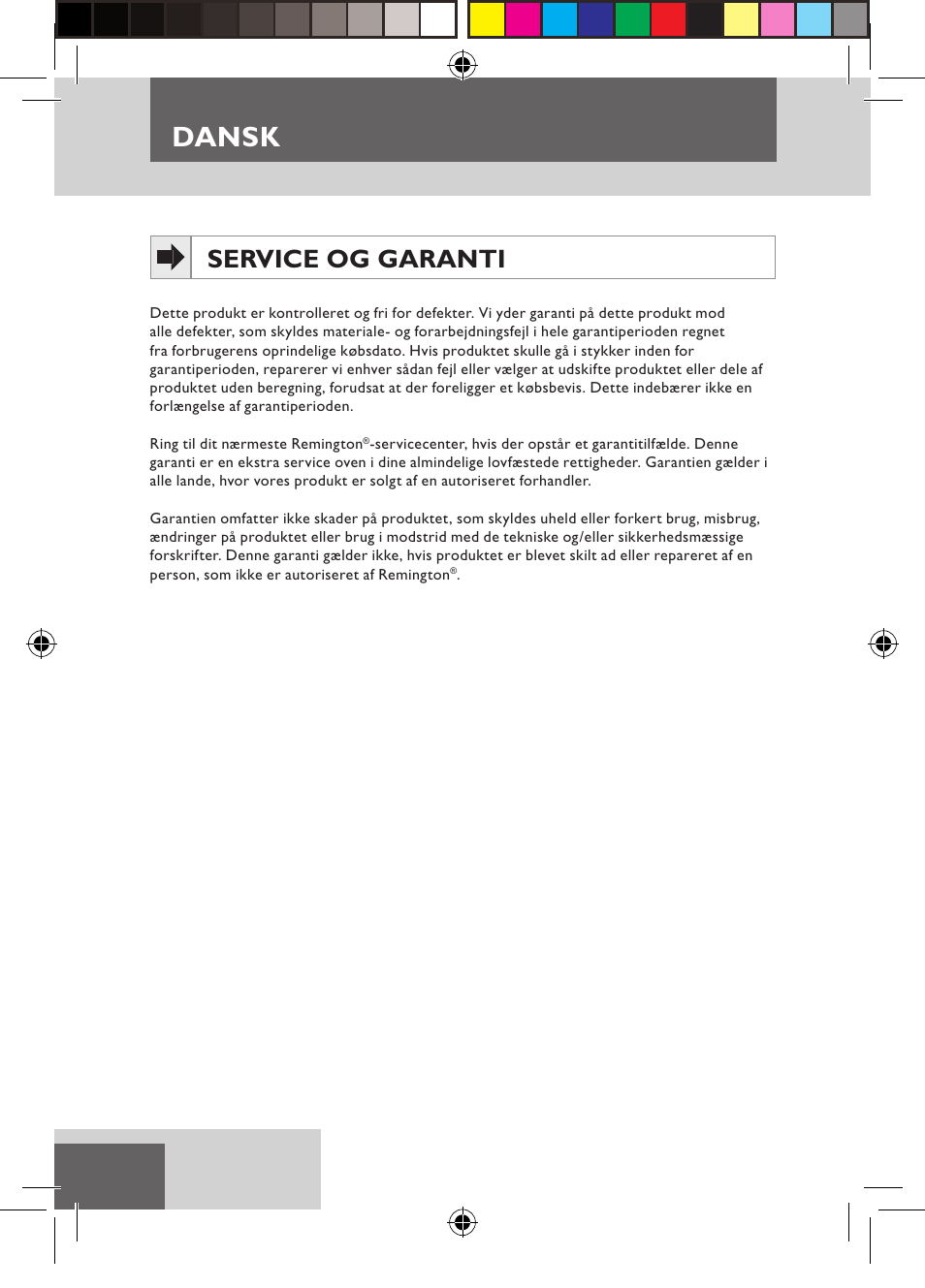 Dansk, Service og garanti | Remington S6600 User Manual | Page 44 / 126