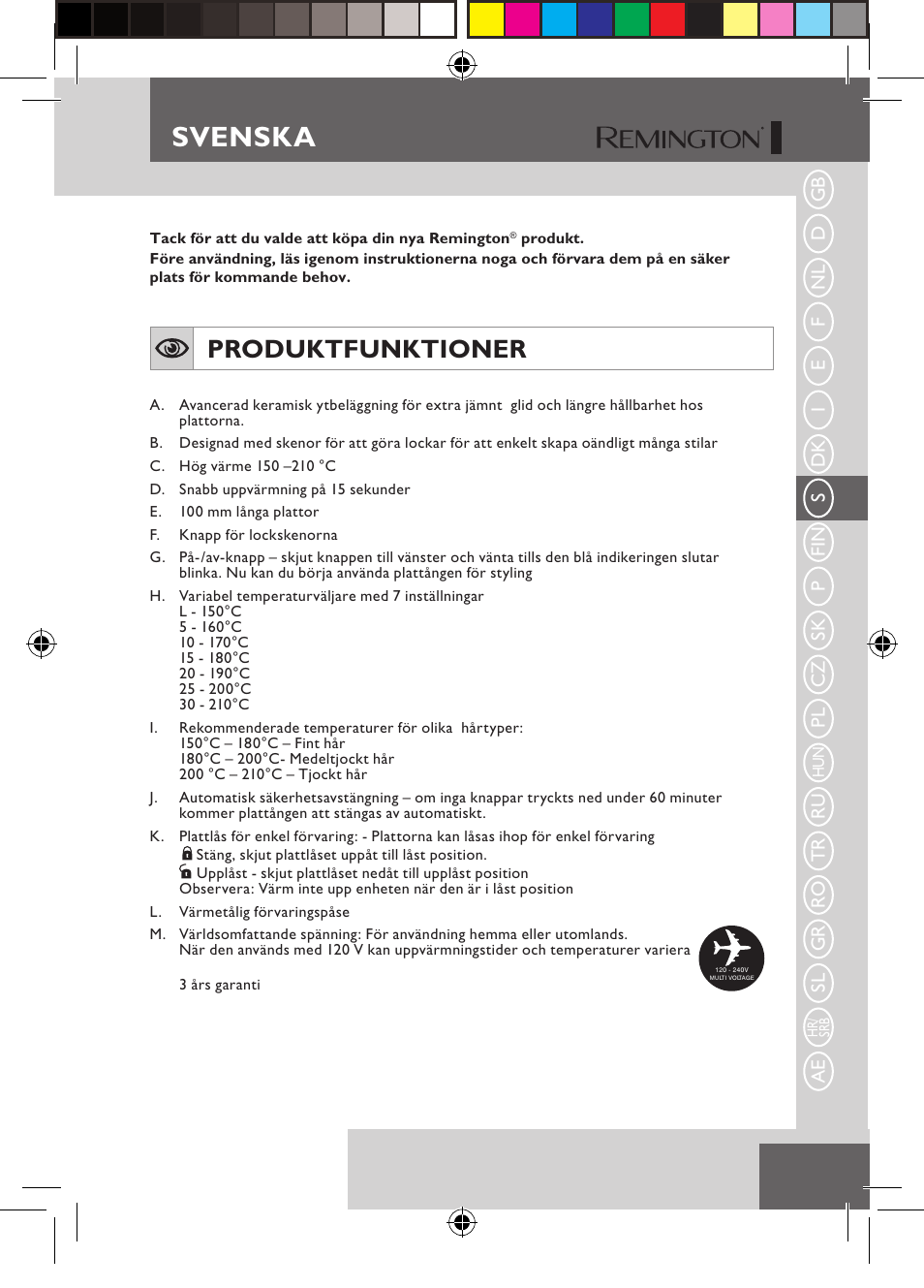 Svenska, Produktfunktioner | Remington S6600 User Manual | Page 45 / 126