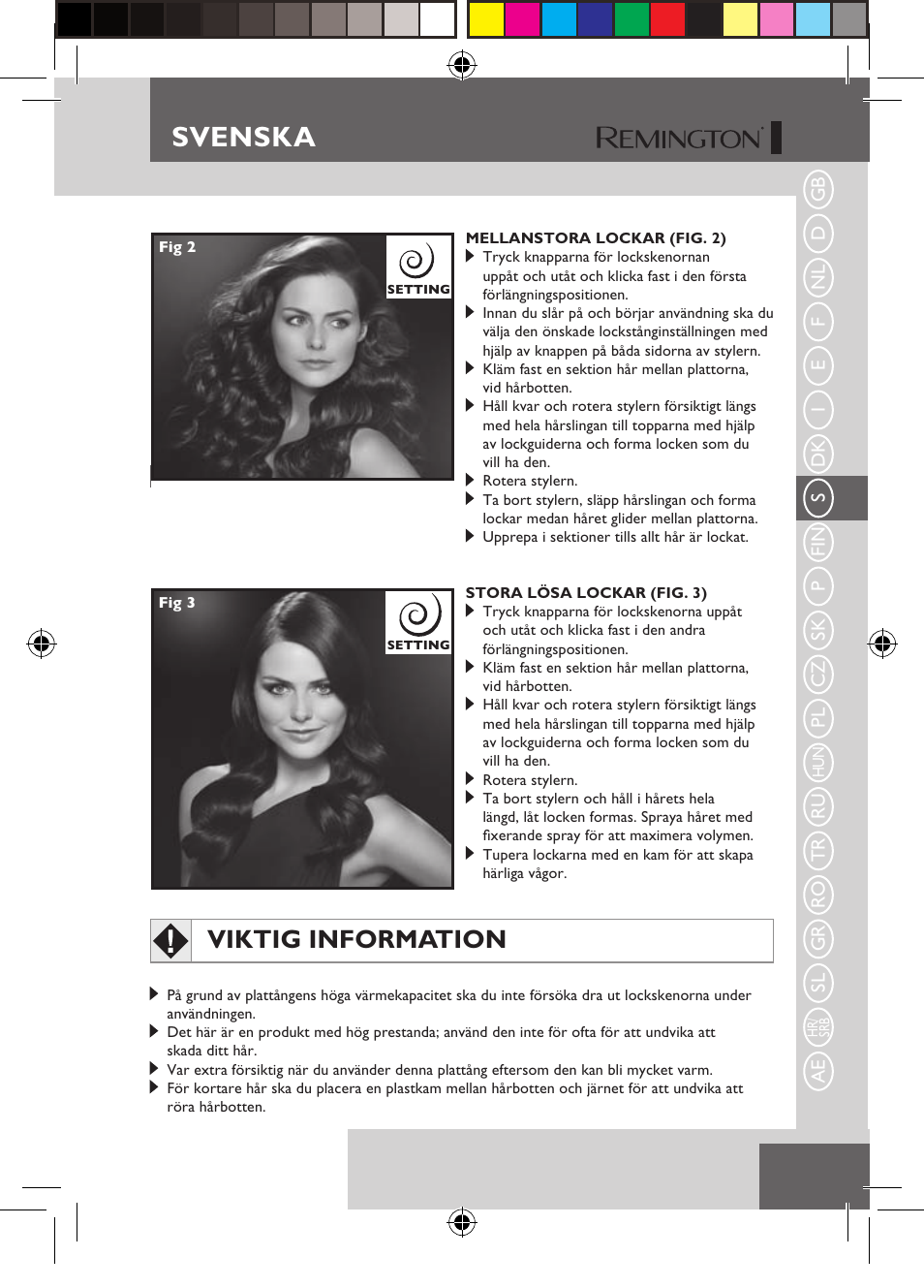 Svenska, Viktig information | Remington S6600 User Manual | Page 47 / 126