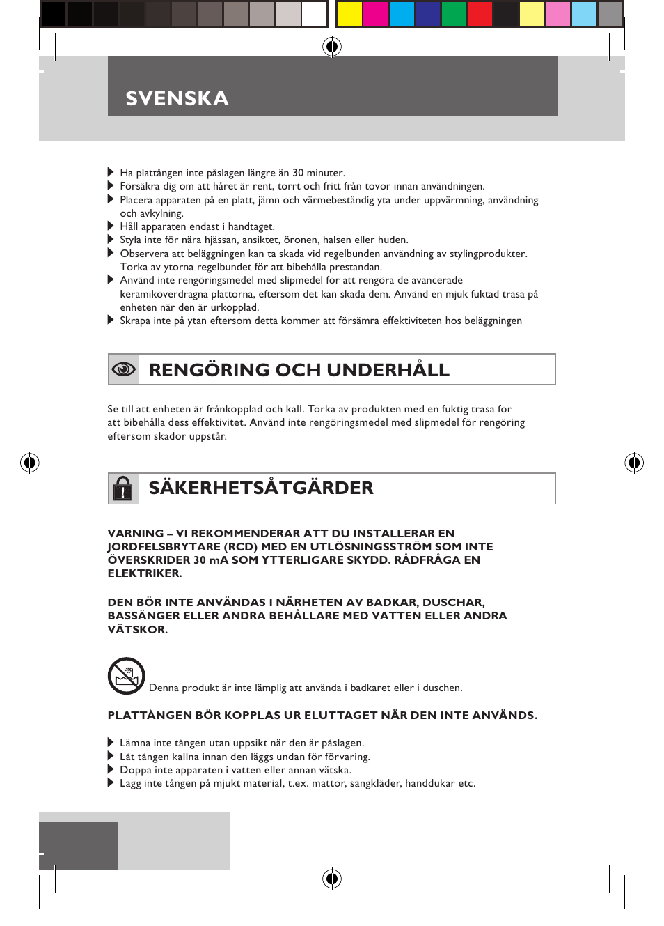 Svenska, Rengöring och underhåll, Säkerhetsåtgärder | Remington S6600 User Manual | Page 48 / 126