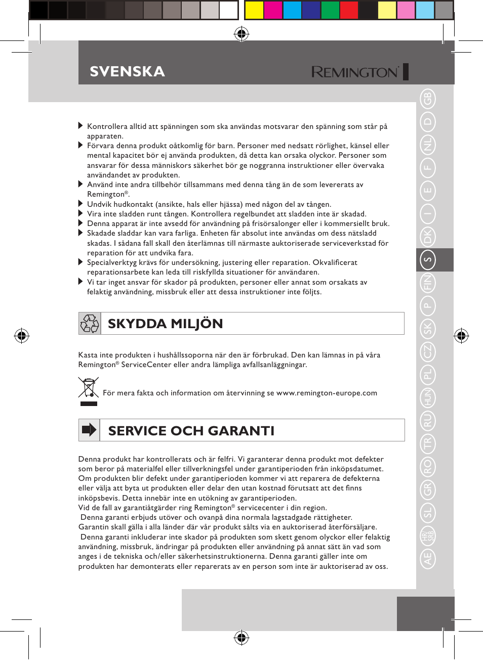 Svenska, Skydda miljön, Service och garanti | Remington S6600 User Manual | Page 49 / 126