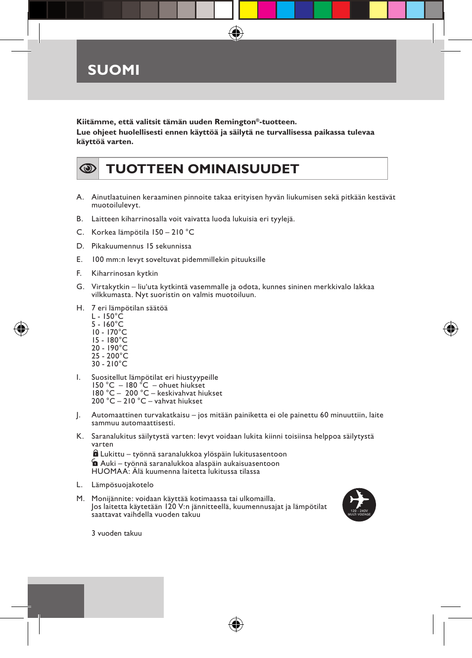 Suomi, Tuotteen ominaisuudet | Remington S6600 User Manual | Page 50 / 126