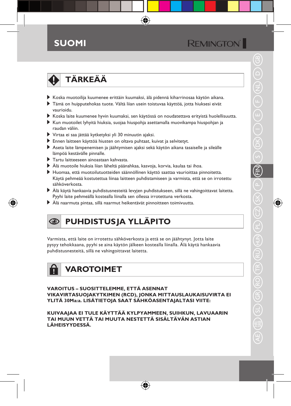 Suomi, Tärkeää, Puhdistus ja ylläpito | Varotoimet | Remington S6600 User Manual | Page 53 / 126