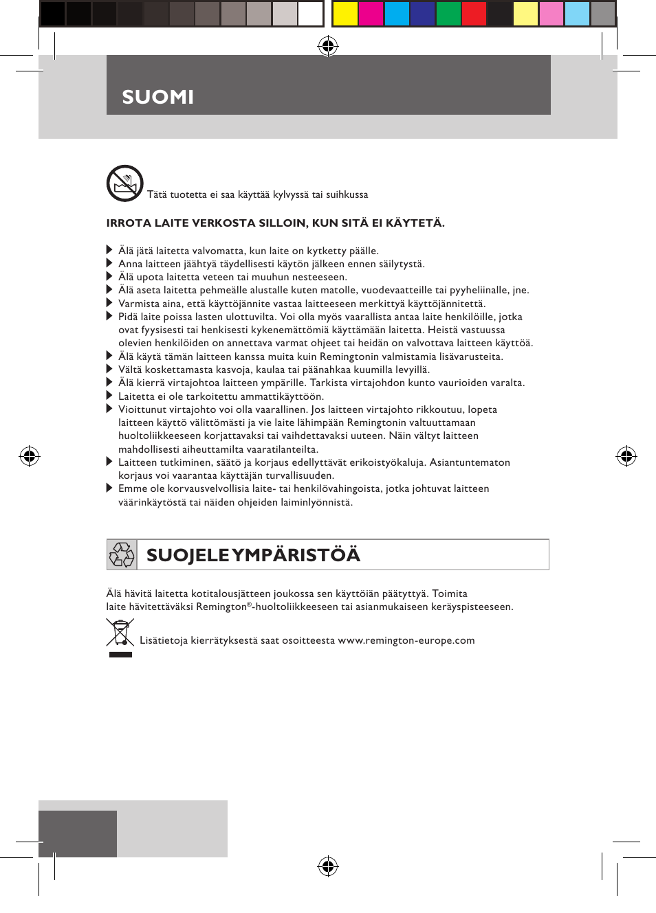 Suomi, Suojele ympäristöä | Remington S6600 User Manual | Page 54 / 126