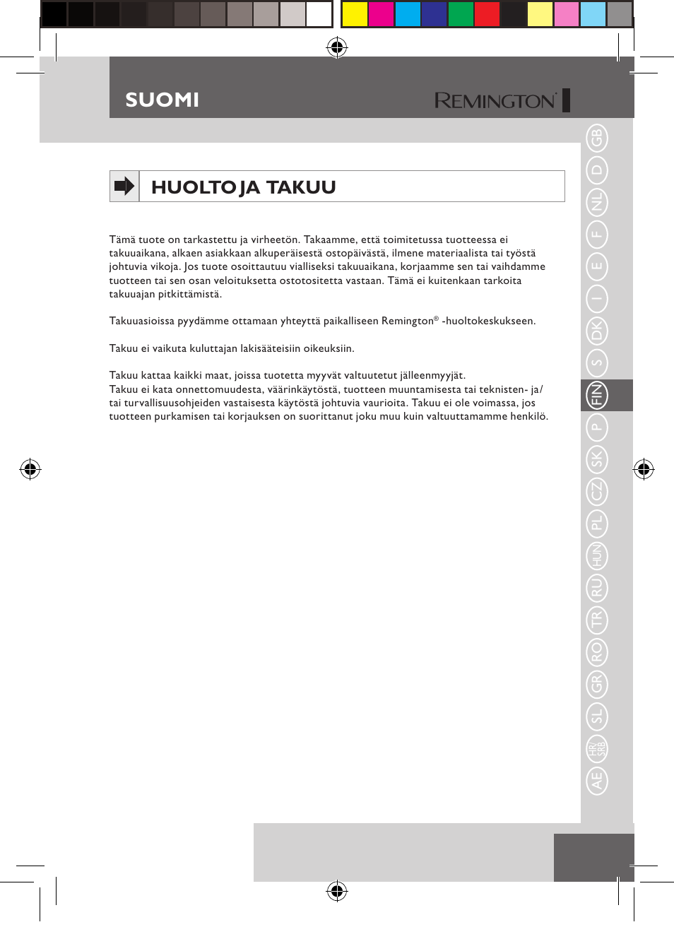 Suomi, Huolto ja takuu | Remington S6600 User Manual | Page 55 / 126
