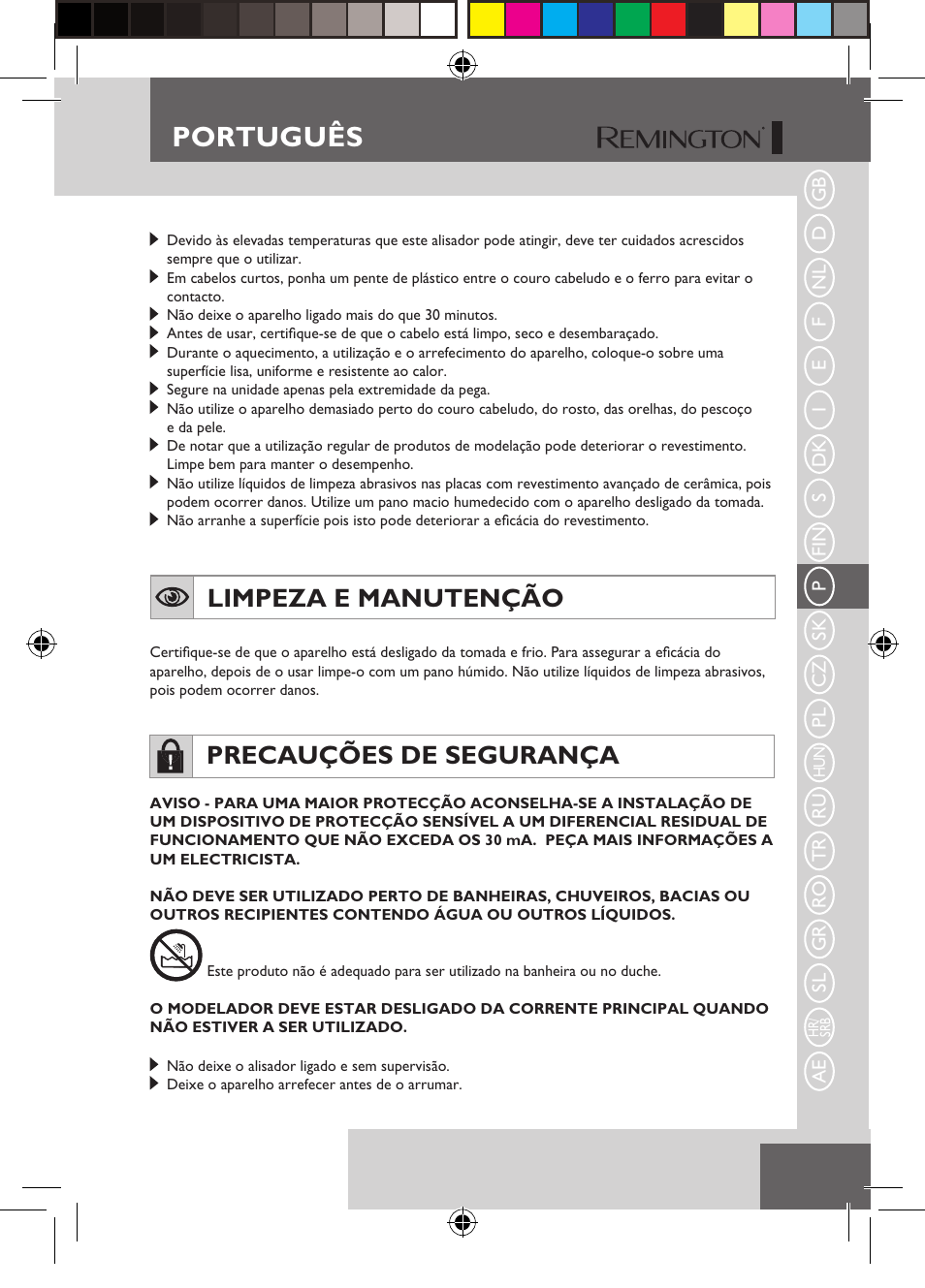 Português, Limpeza e manutenção, Precauções de segurança | Remington S6600 User Manual | Page 59 / 126