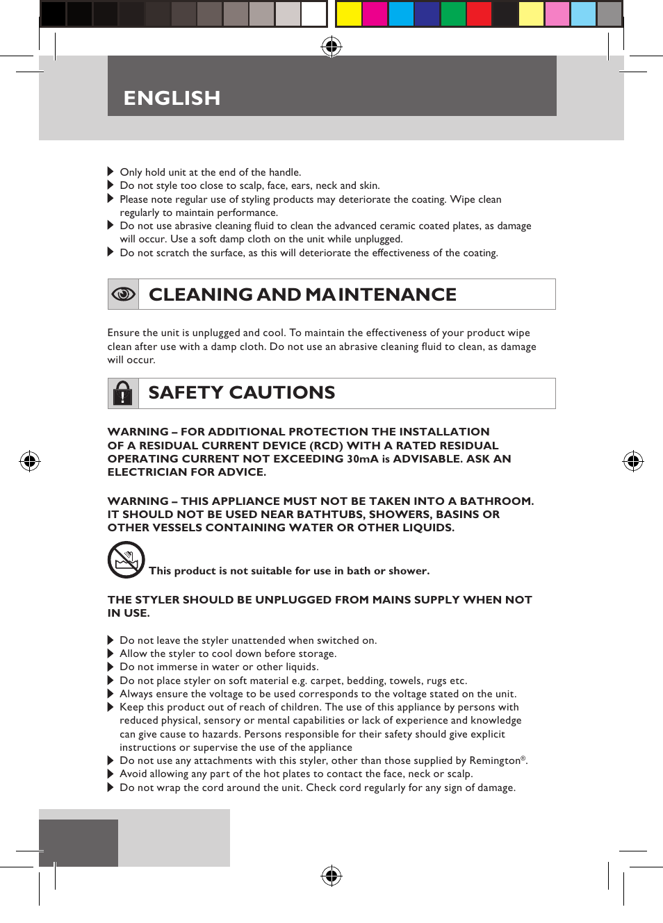 English, Cleaning and ma intenance, Safety cautions | Remington S6600 User Manual | Page 6 / 126