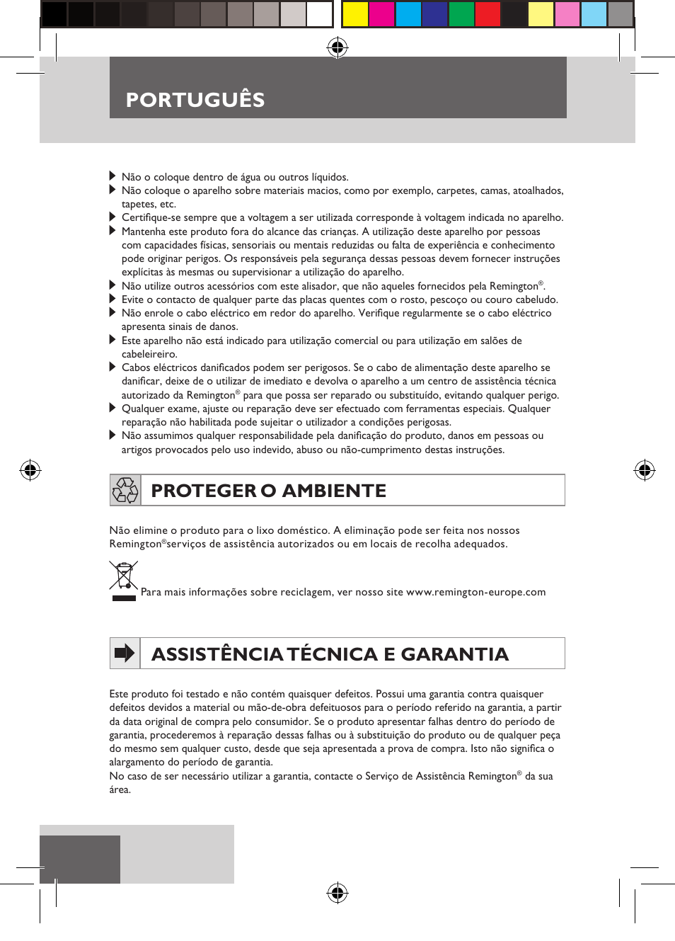 Português, Proteger o ambiente, Assistência técnica e garantia | Remington S6600 User Manual | Page 60 / 126