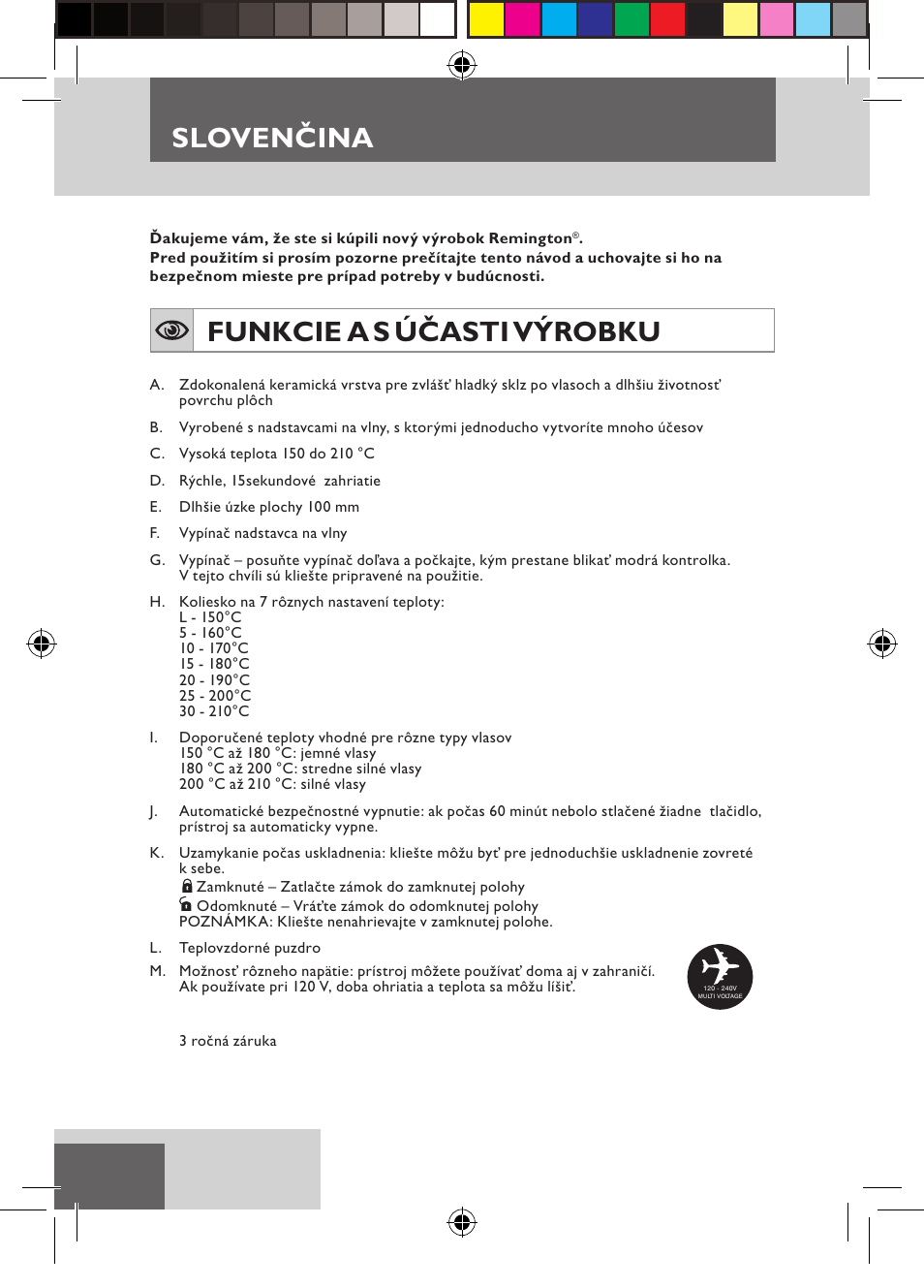 Slovenčina, Funkcie a s účasti výrobku | Remington S6600 User Manual | Page 62 / 126