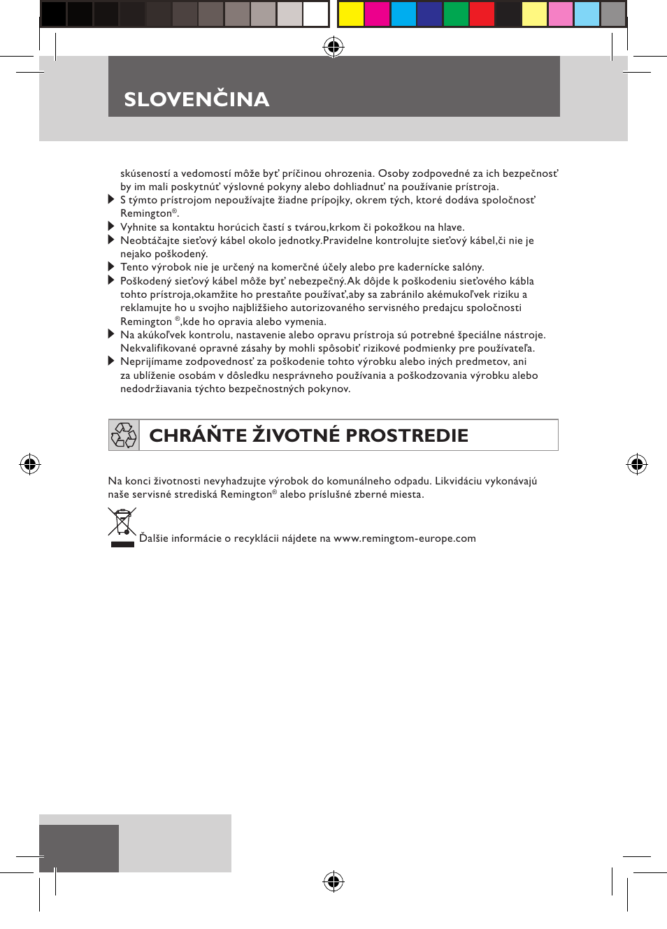 Slovenčina, Chráňte životné prostredie | Remington S6600 User Manual | Page 66 / 126