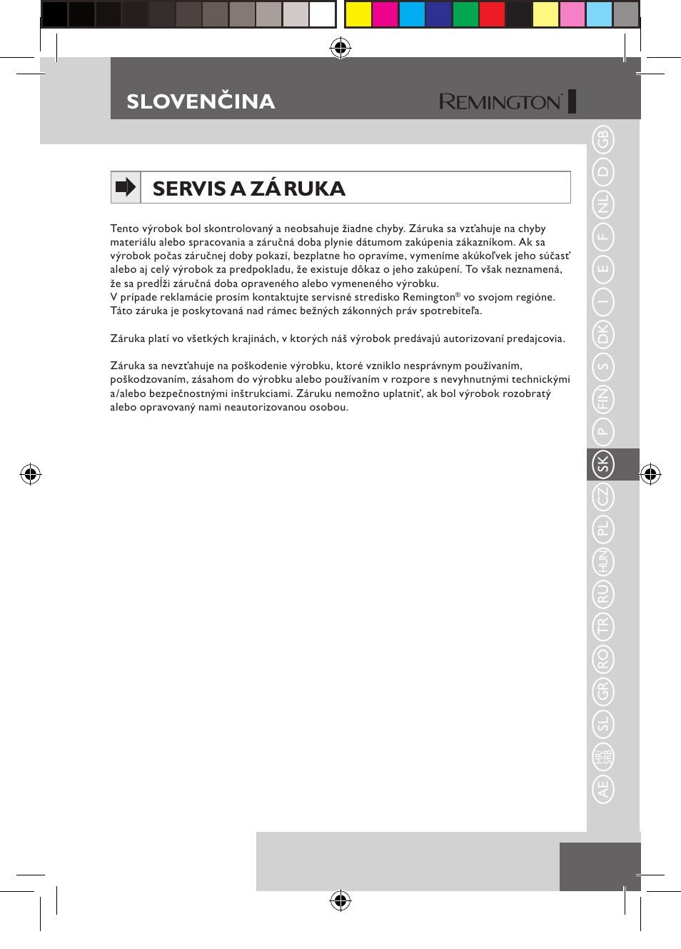 Slovenčina servis a zá ruka | Remington S6600 User Manual | Page 67 / 126