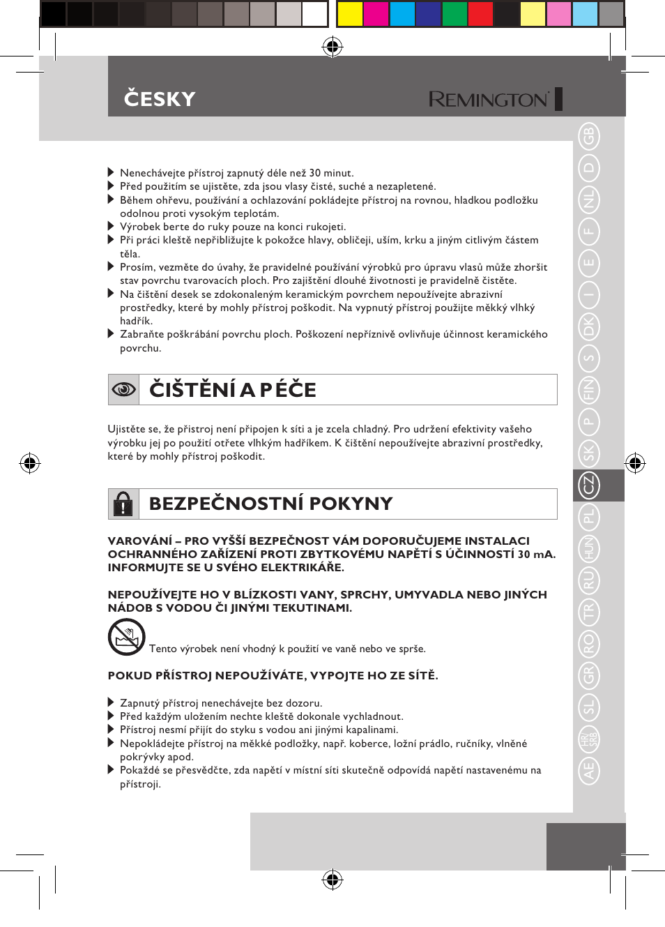 Čištění a p éče, Česky, Bezpečnostní pokyny | Remington S6600 User Manual | Page 71 / 126