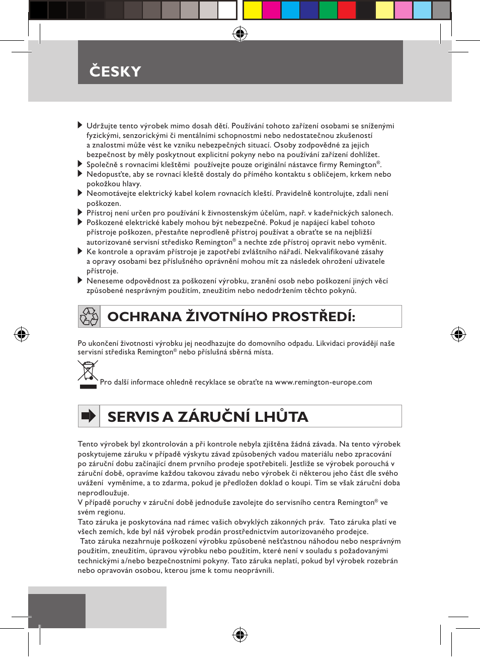Česky, Servis a záruční lhůta, Ochrana životního prostředí | Remington S6600 User Manual | Page 72 / 126