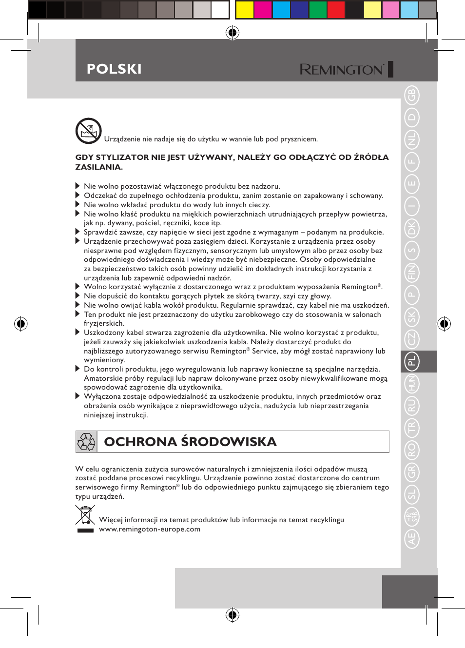 Polski, Ochrona środowiska | Remington S6600 User Manual | Page 77 / 126