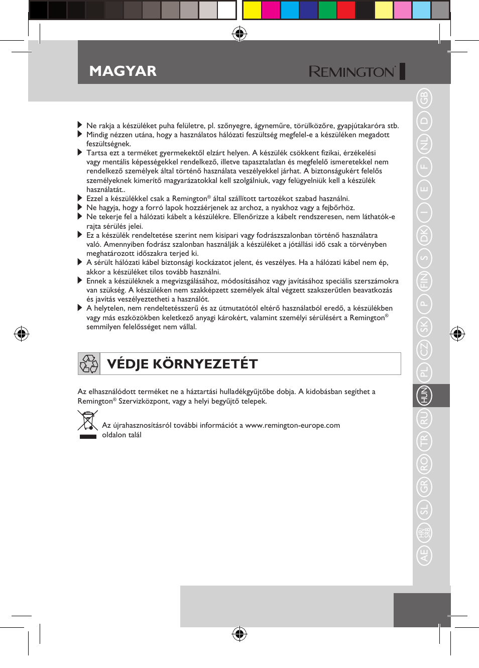 Magyar, Védje környezetét | Remington S6600 User Manual | Page 83 / 126