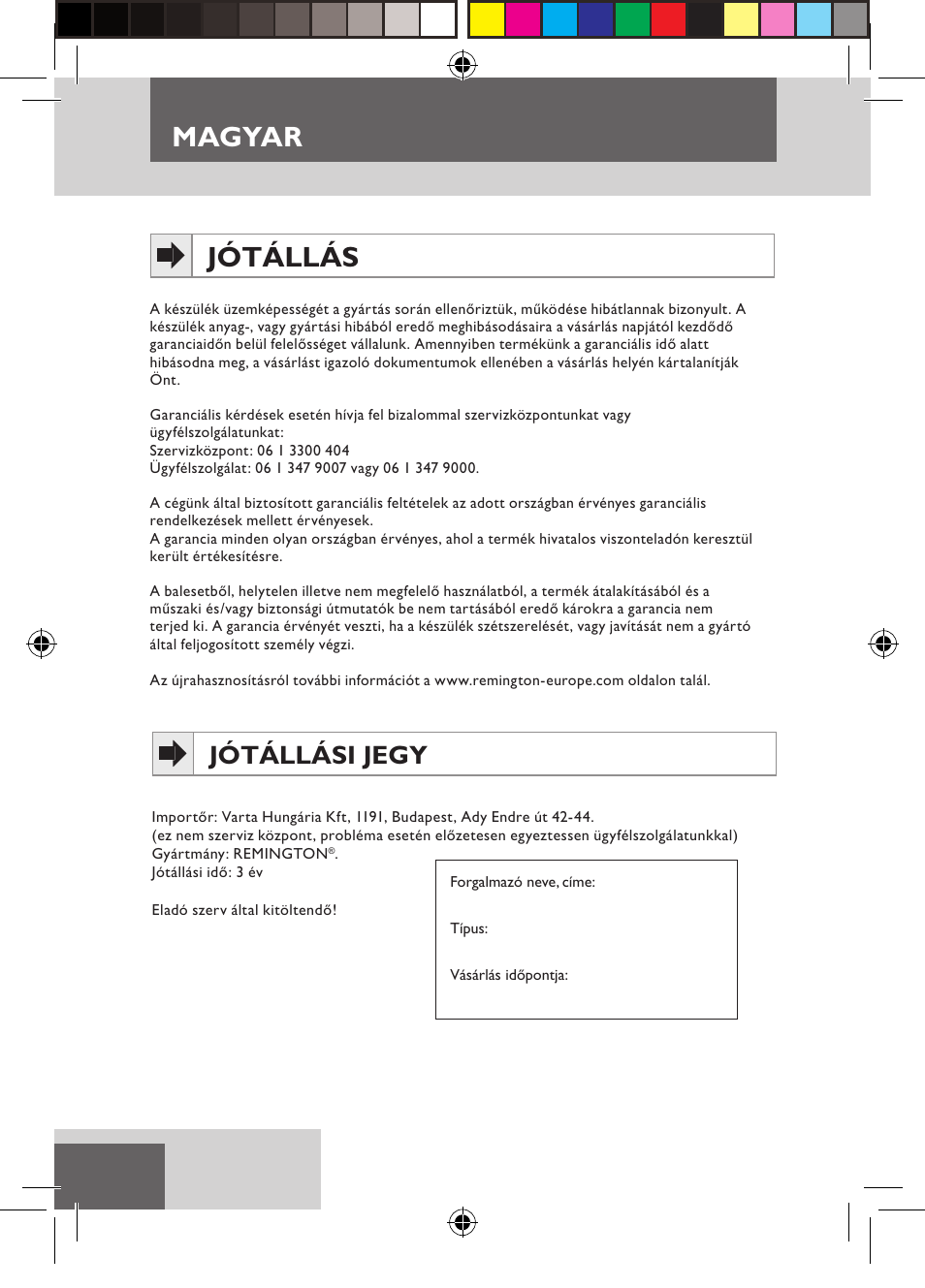 Magyar, Jótállás, Jótállási jegy | Remington S6600 User Manual | Page 84 / 126