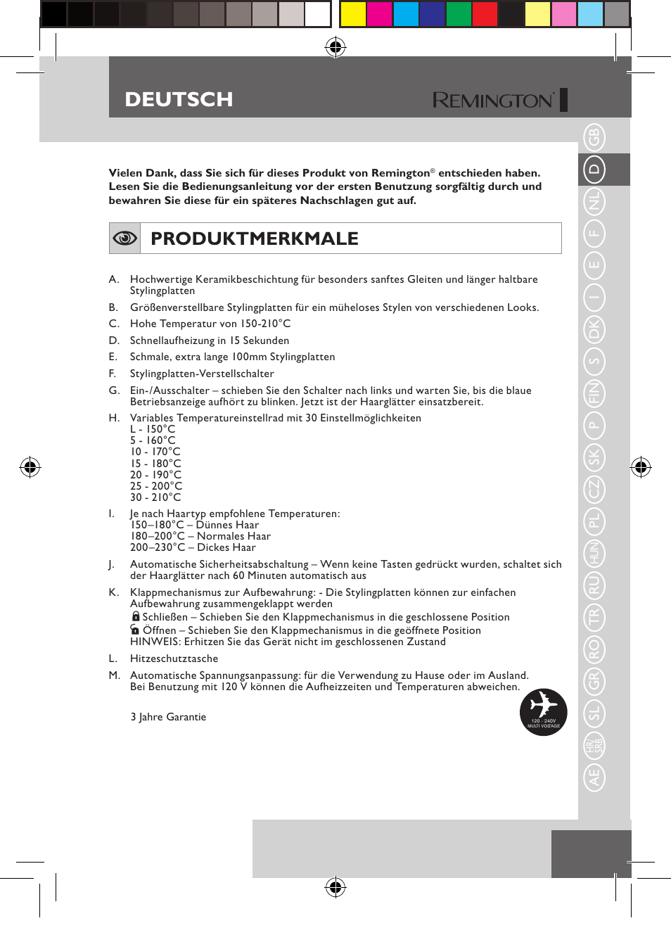 Deutsch, Produktmerkmale | Remington S6600 User Manual | Page 9 / 126