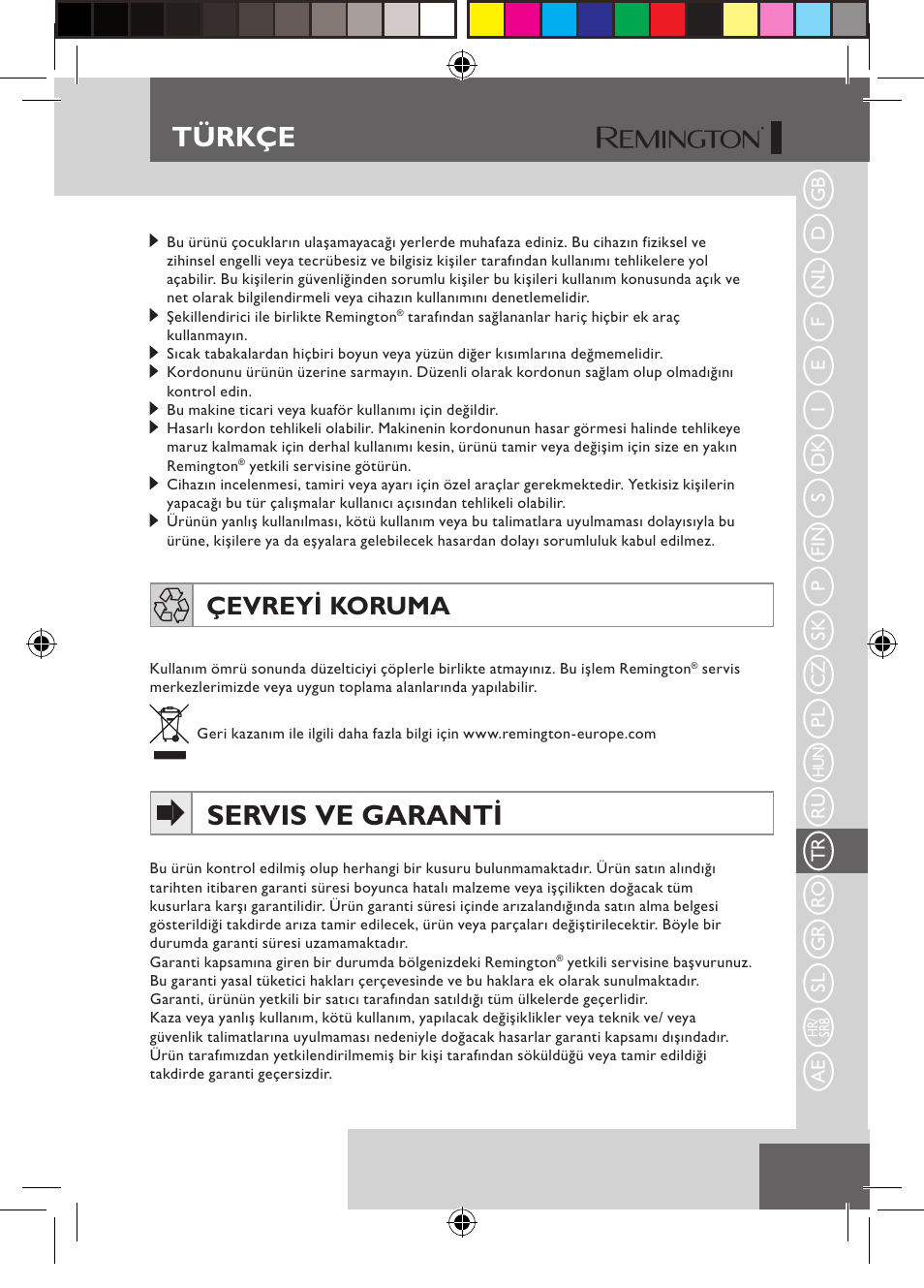Türkçe, Servis ve garanti, Çevreyi koruma | Remington S6600 User Manual | Page 95 / 126
