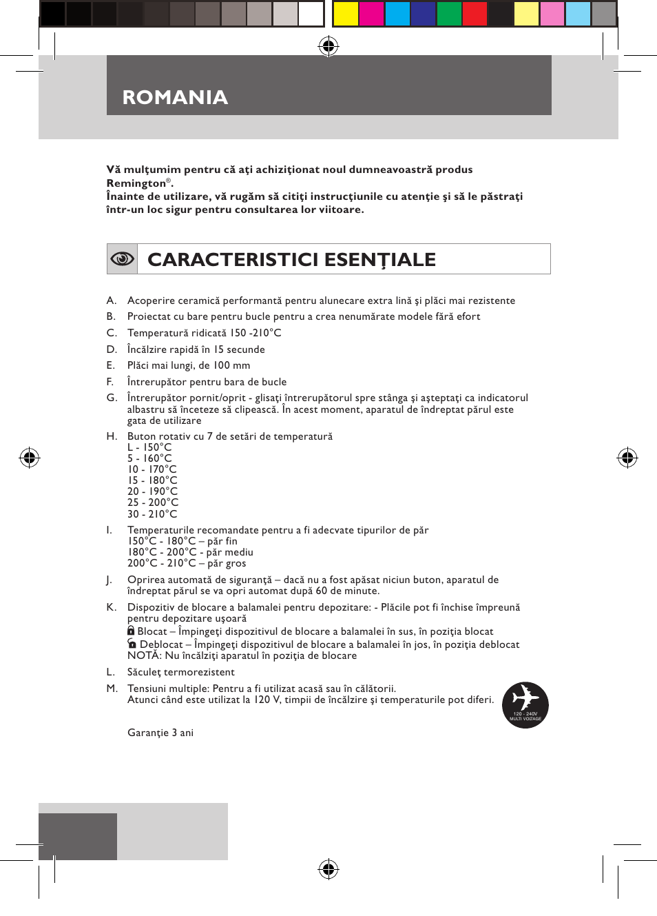 Romania, Caracteristici esenţiale | Remington S6600 User Manual | Page 96 / 126