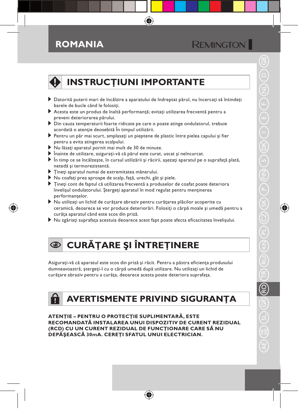Romania, Instrucţiuni importante, Curăţare şi întreţinere | Avertismente privind siguranţa | Remington S6600 User Manual | Page 99 / 126