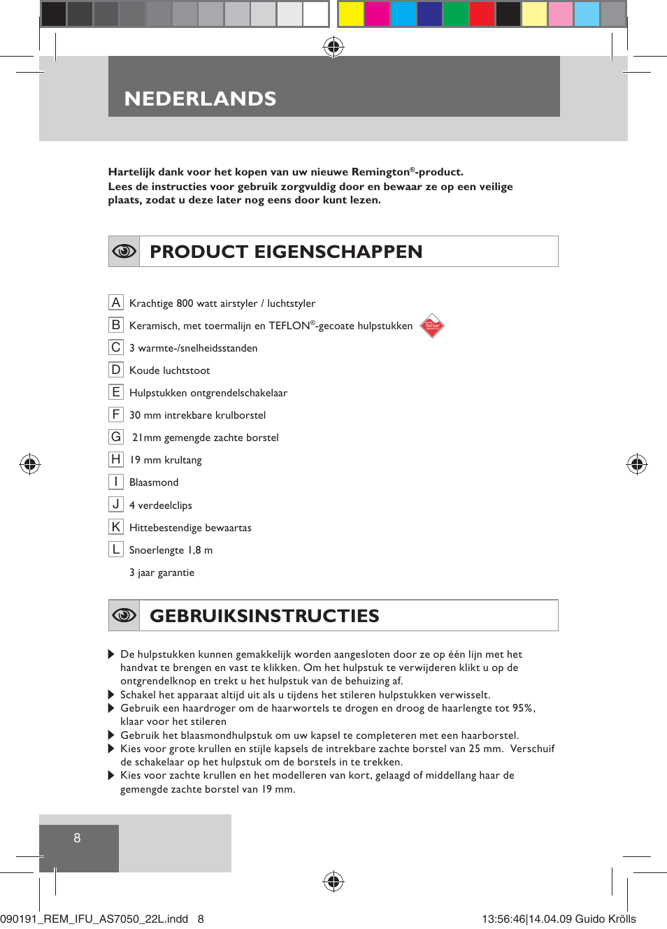 Nederlands, Product eigenschappen, Gebruiksinstructies | Remington AS7050 User Manual | Page 10 / 76