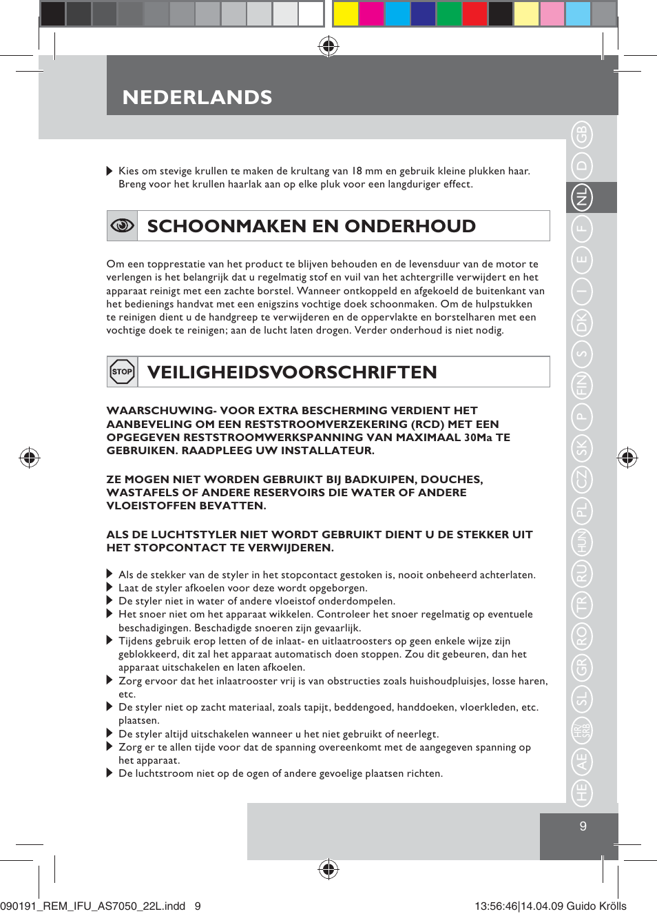 Nederlands, Schoonmaken en onderhoud, Veiligheidsvoorschriften | Remington AS7050 User Manual | Page 11 / 76