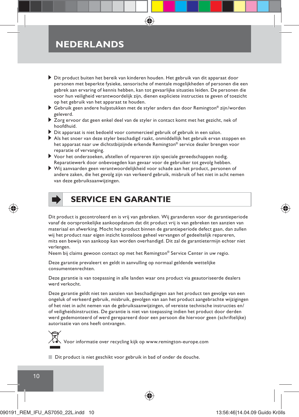 Nederlands, Service en garantie | Remington AS7050 User Manual | Page 12 / 76
