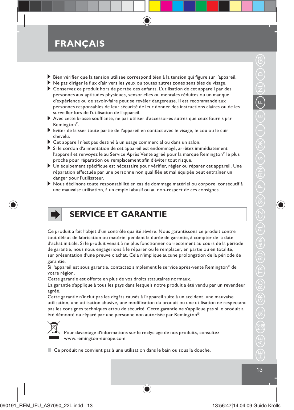 Français, Service et garantie | Remington AS7050 User Manual | Page 15 / 76