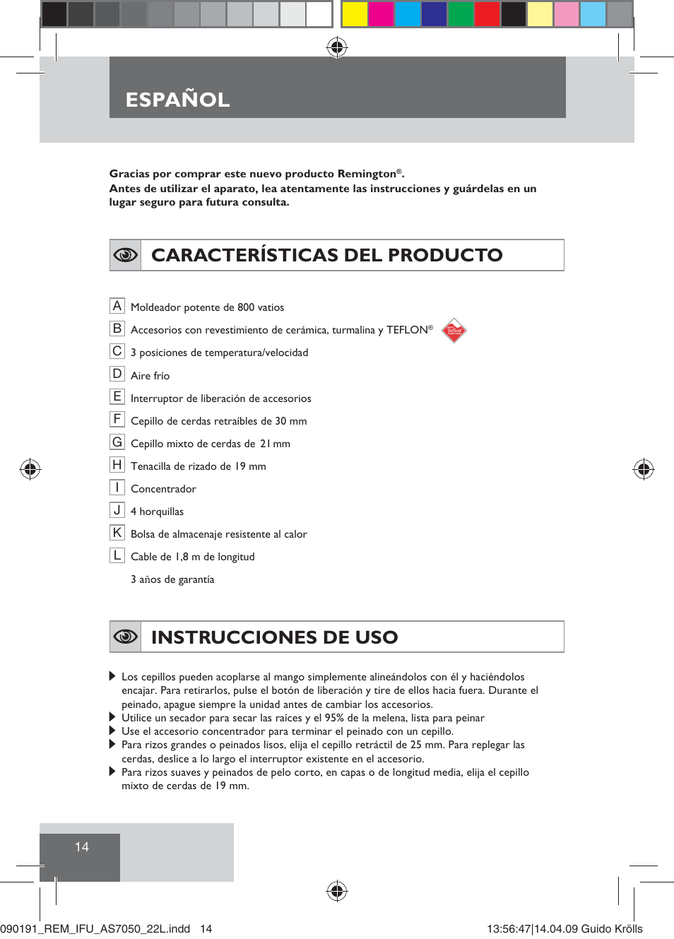 Español, Características del producto, Instrucciones de uso | Remington AS7050 User Manual | Page 16 / 76