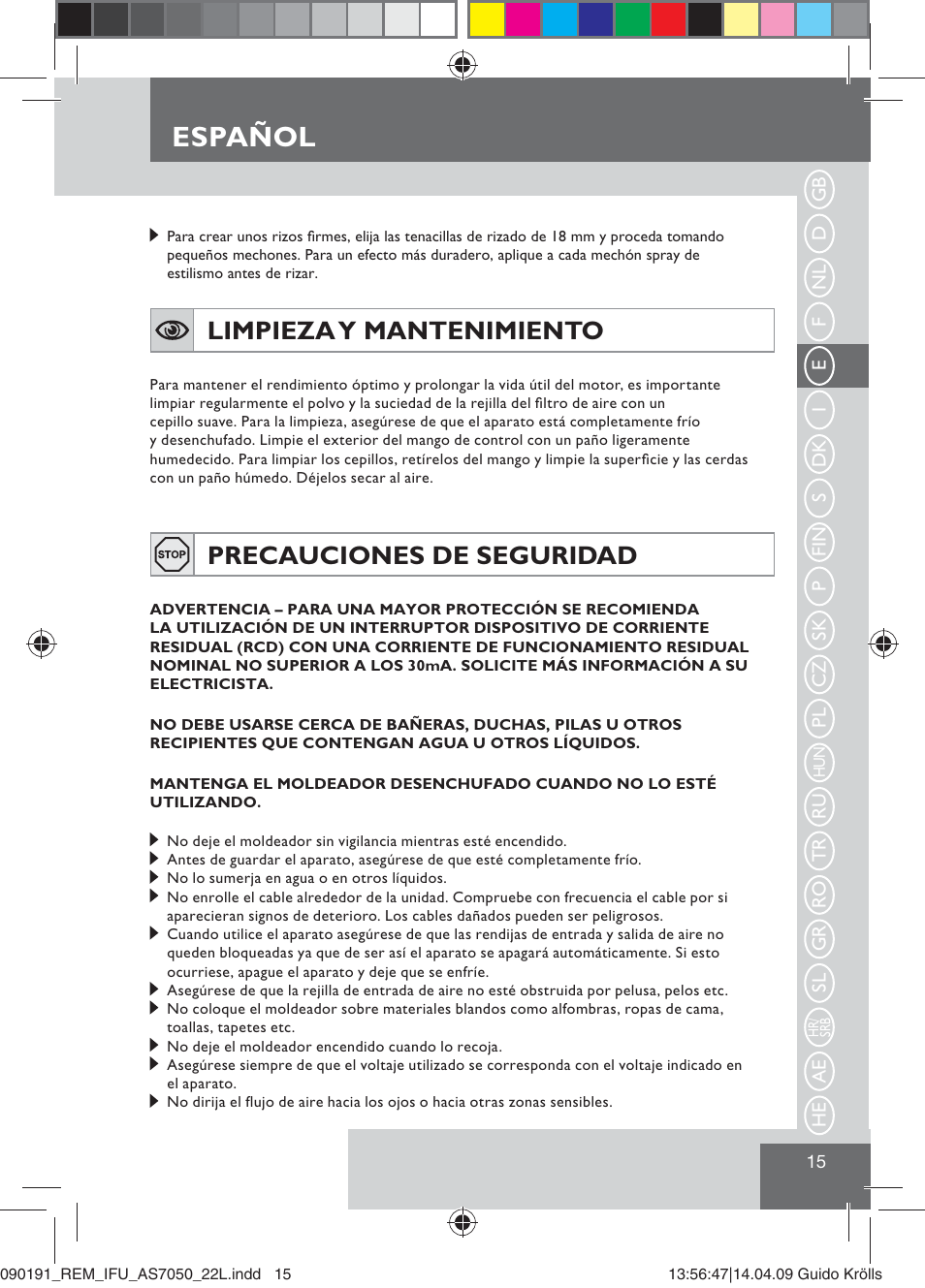 Español, Limpieza y mantenimiento, Precauciones de seguridad | Remington AS7050 User Manual | Page 17 / 76