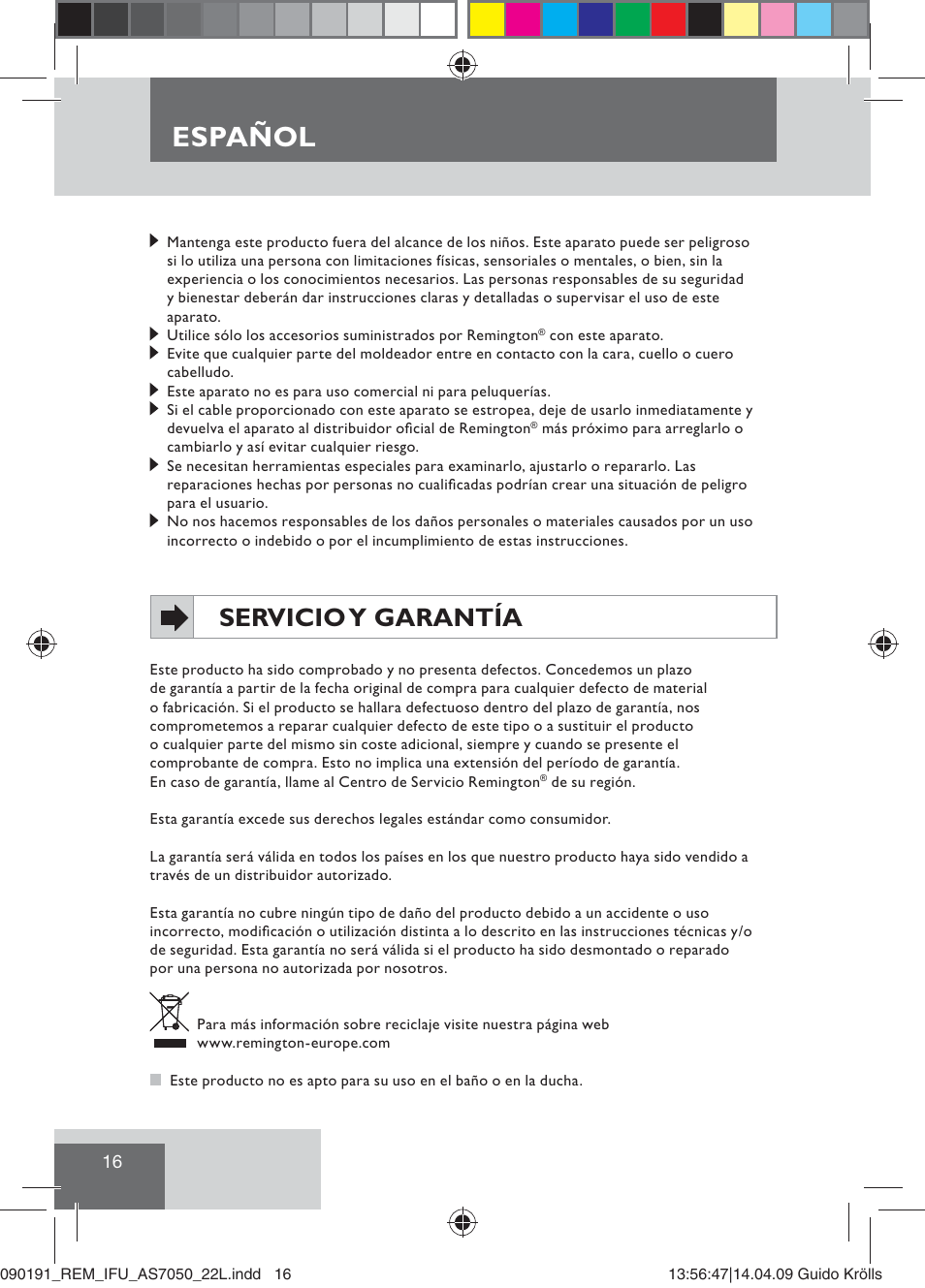 Español, Servicio y garantía | Remington AS7050 User Manual | Page 18 / 76